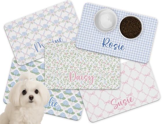Personalized Dog Food Mat, Custom Pet Gift for New Puppy, Cat Food Mat, Food Bowl Mat, Blue Hydrangea Pet Placemat, Feeding Mat for Dog
