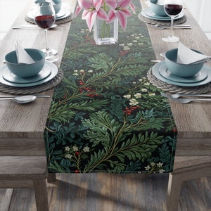 Christmas Table Runner, Evergreen Pattern, Holly Berry, Holiday Table Runner, Table Cloth, Christmas Tablescape, Winter Table Linens