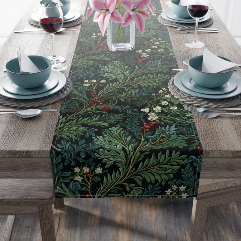 Christmas Table Runner Evergreen Pattern Holly Berry Holiday Table Runner Table Cloth Christmas Tablescape Winter Table Linens