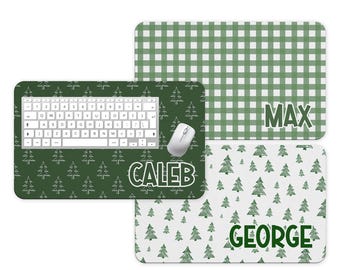 Personalized Mouse Pad: Green Christmas Plaid and Tree Patterns