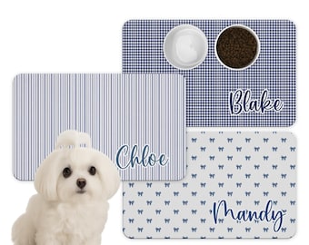 Personalized Pet Food Mat: Blue Chinoiserie Bows, Stripes, Plaid