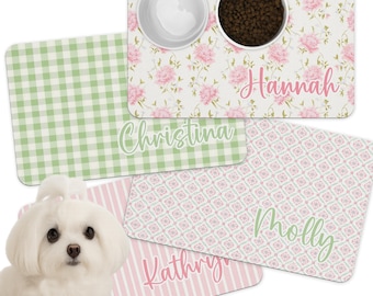 Personalized Pet Food Mat, Dog Food Mat, Pink Bow Coquette Stripes Placemat, Custom Pet Gift for New Puppy, Cat Food Mat, Food Bowl Mats