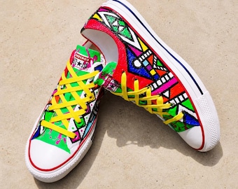 Low top Ndebele custom sneakers.African geomatric Motifs.Hand painted heritage Art.Wearable collectable Art.