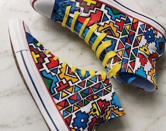 Hand-Painted Ndebele Geometric High-Top Sneakers: African Heritage Art Wear