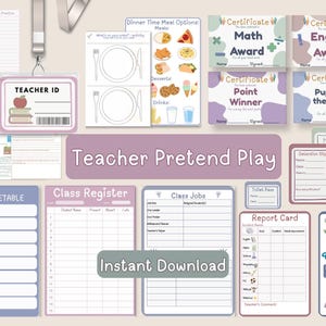 May include: A collection of printable teacher pretend play resources including a teacher ID badge, daily timetable, class register, class jobs chart, report card, number bonds sheet, certificates, and various slips in a soft purple and white color palette.
