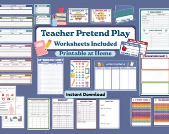 Teacher Pretend Play Set, Teacher Roleplay Kit, Classroom Worksheets, Printable (Instant Download)