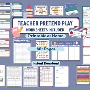 Può includere: Una raccolta di fogli di lavoro stampabili per insegnanti per giochi di finzione, tra cui fogli di presenza, legami numerici, orari settimanali e pagelle. I fogli di lavoro sono progettati per l'uso in classe o a casa.
