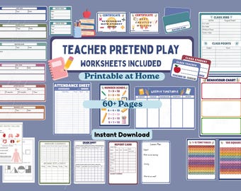 Teacher Pretend Play Set, Teacher Roleplay Kit, Classroom Worksheets, Printable (Instant Download)