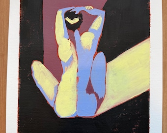 Pintura acrílica original de figura humana, estudio del cuerpo en tonos azules y amarillos, arte contemporáneo.