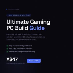 Puede incluir: Una guía digital titulada Ultimate Gaming PC Build Guide sobre un fondo oscuro. Presenta una lista paso a paso que incluye Part Selection, Compatibility Check, Assembly Walkthrough, BIOS Setup, Windows and Drivers y Performance Tuning.