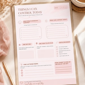 May include: A pink and white daily planner titled "Things I Can Control Today." The planner includes sections for listing things outside of control, things to control, a tiny win, and action steps. A gold pen rests on the planner.