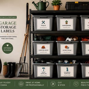 Può includere: Un set di etichette per lo stoccaggio in garage modificabili e stampabili con icone e testo per categorie come attrezzi, giardinaggio, cura dell'auto, campeggio, sport, animali, vernici, pulizia ed elettricità su contenitori grigi.