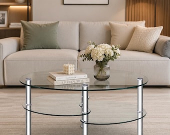 Oval Tempered Glass Coffee Table, Modern Silver Frame with Storage Shelves