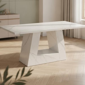 May include: A rectangular dining table featuring a white surface with grey marble veining. The table is supported by a wide, trapezoidal pedestal base that matches the white and grey marble pattern, creating a solid and unified appearance.
