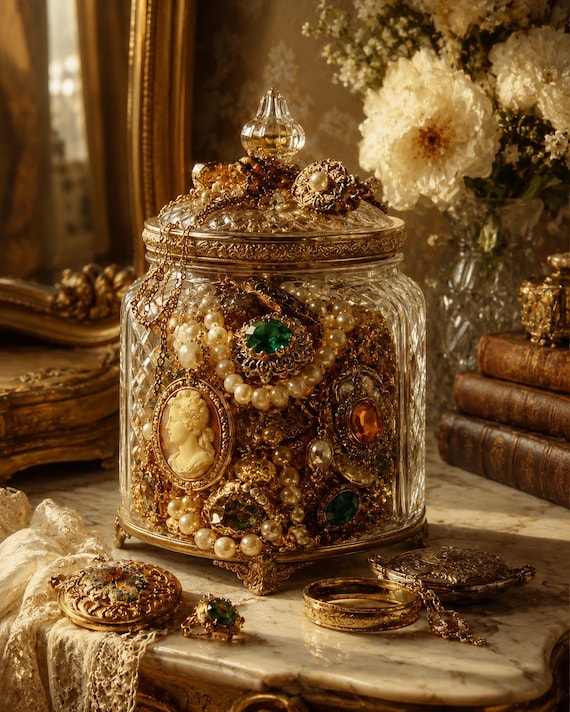 Vintage Inspired Jewelry Mystery Jar, Victorian Gold Cameo Pearl Trinket Mix, Coquette Old Money Aesthetic Blind Box, Surprise Gift for Her