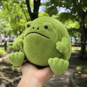 May include: A round, plush frog toy made of soft, light green fabric. The stuffed animal features a simple, straight-line mouth, two small black eyes, and textured, rounded limbs. The frog has a smooth, spherical body shape and a fuzzy texture.