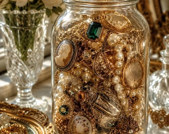 Vintage Inspired Mystery Jewelry Jar: Curated Gold Tone, Pearl & Cameo Accessories Surprise Gift Box for Her