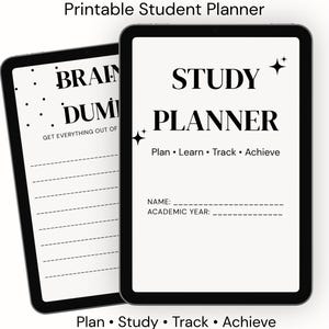 May include: A 20-page printable student study planner digital download in PDF format. The planner features a cover page titled STUDY PLANNER with the text Plan, Learn, Track, Achieve, and a brain dump page with lines for notes and tasks.