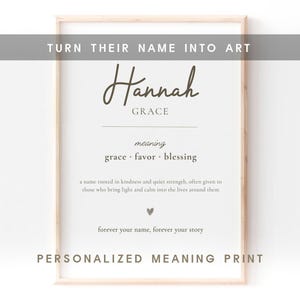 Puede incluir: Una lámina de pared rectangular vertical en un marco de madera clara con el nombre Hannah Grace en letras oscuras cursivas y de molde. El texto incluye el significado grace, favor, blessing, un párrafo descriptivo, un corazón y texto.