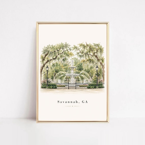 Savannah GA Printable Wall Art, Forsyth Park Fountain Print, Savannah Georgia Watercolor, Southern Home Decor, Historic Savannah Digital