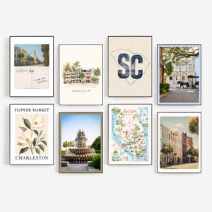 May include: A gallery wall set of eight framed prints featuring Charleston, South Carolina themes. The collection includes architectural street scenes, a pineapple fountain, a magnolia flower market poster, a map, and a state outline with SC text.