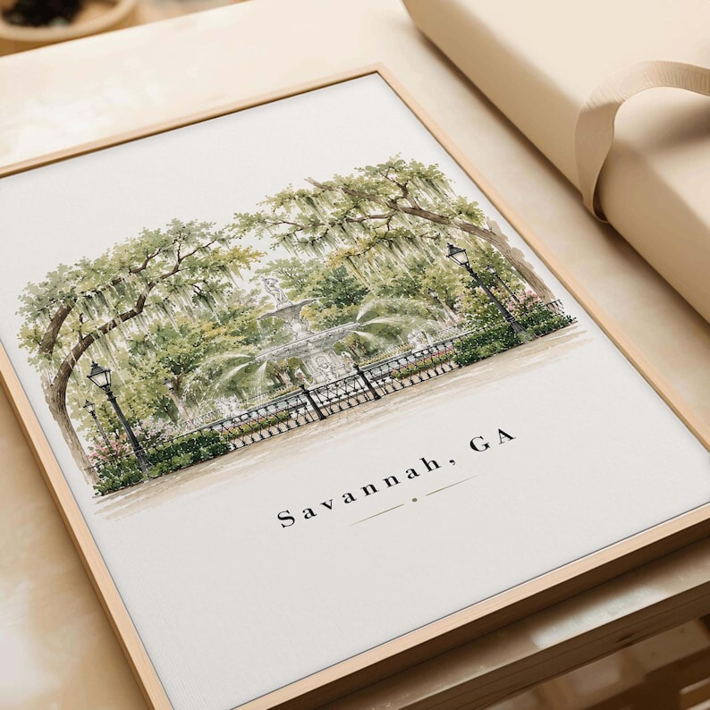 Savannah GA Printable Wall Art, Forsyth Park Fountain Print, Savannah Georgia Watercolor, Southern Home Decor, Historic Savannah Digital image 2