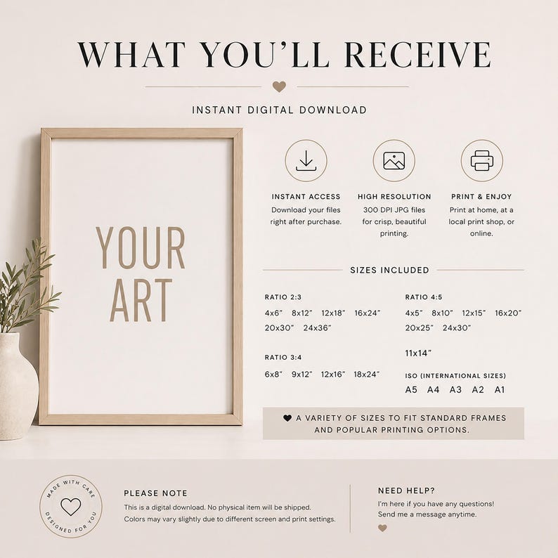 May include: A framed print with the text "YOUR ART" in a neutral color. The image includes details about instant digital downloads, high-resolution files, and various size options, including inches.