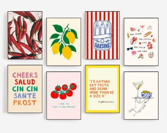 Italian Summer Kitchen Wall Art Set, Colorful Mediterranean Food Prints, Pasta Tomato Sardine Gallery Wall Decor, Tomato Print, Digital