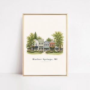 May include: A framed watercolor print depicting a row of historic storefronts in Harbor Springs, MI. The illustration features multi-colored buildings, green trees, and street lamps, with the text Harbor Springs, MI printed at the bottom.