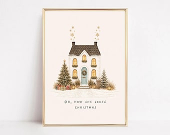 Christmas Cottage Wall Art Print, Cozy Holiday Decor Christmas House Printable Vintage Christmas Wall Art Winter Cottage Print Holiday Print