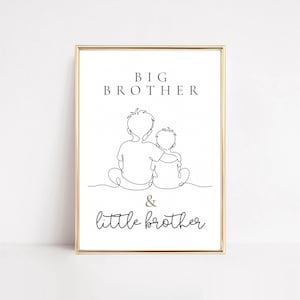 May include: A framed wall art print featuring a black line drawing of two siblings sitting side by side. The text BIG BROTHER is printed in black above the illustration, with the text & little brother printed in black script below it.