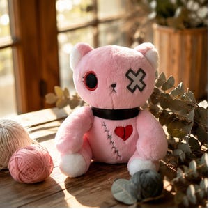 Creepy Cute Pink Plush Cat Pastel Goth Stuffed Animal Gothic Kawaii Plushie Spooky Emo Toy