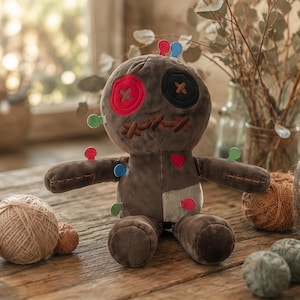 Creepy Cute Voodoo Doll Plush Toy, Spooky Halloween Stuffed Animal, Patchwork Goth Decor, Witchy Gift for Her, Kawaii Gothic Plushie