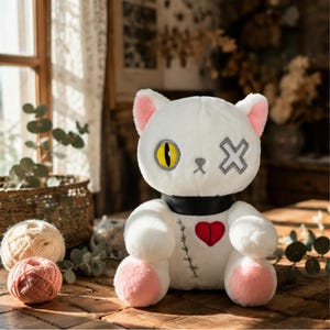 Goth Cat Plush, Creepy Cute White Kitty Stuffed Animal, Pastel Goth Voodoo Doll Stitched Heart, Weirdcore Spooky Halloween Gift for Her