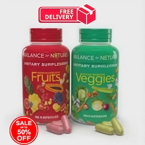 May include: Two supplement bottles, one red and one green, with the words "Fruits" and "Veggies" on them. The red bottle has illustrations of fruits, and the green bottle has illustrations of vegetables. The image also includes a "Free Delivery" banner and a "Sale up to 50% off" sticker.