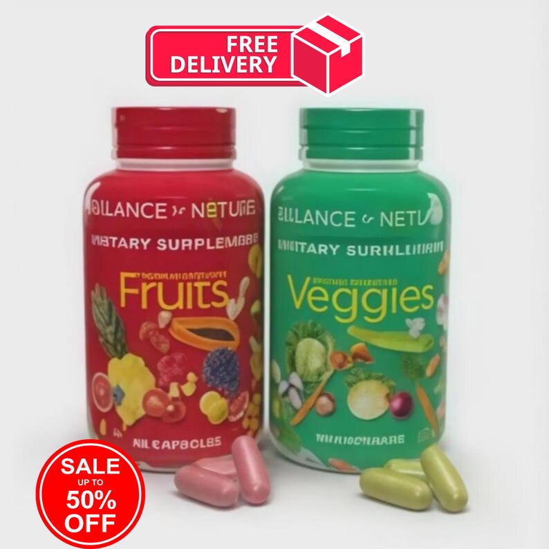 May include: Two supplement bottles, one red and one green, with the words "Fruits" and "Veggies" on them. The red bottle has illustrations of fruits, and the green bottle has illustrations of vegetables. The image also includes a "Free Delivery" banner and a "Sale up to 50% off" sticker.