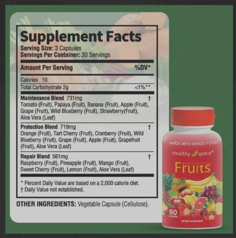 May include: A supplement facts label and a bottle of "Fruits" dietary supplement. The label details the supplement's ingredients, including maintenance, protection, and repair blends. The bottle is red with a fruit graphic and contains 90 capsules.