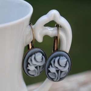 Vintage Style Shadow Gray and White Antique Brass Drop Dangle Earrings image 1