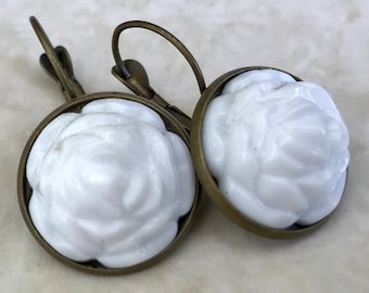 White 3D Roses Leverback Earring Antique Brass Tone