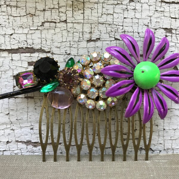 Purple and Green Collage Hair Comb OOAK Mal Descendants Inspired