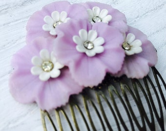 Vintage Purple Spring Floral Collage Hair Comb OOAK