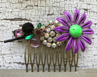 Purple and Green Collage Hair Comb OOAK Mal Descendants Inspired