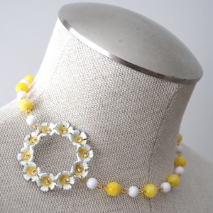Vintage Enamel Circle Flower Asymmetrical Necklace with Lemon Yellow and White OOAK
