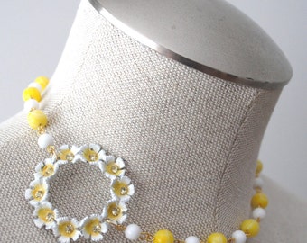 Vintage Enamel Circle Flower Asymmetrical Necklace with Lemon Yellow and White OOAK