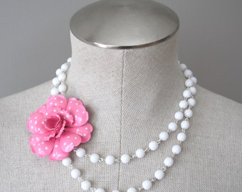 Pink Polka Dot Ruffled Rose Enamel Brooch Asymmetrical Necklace Vintage White Beads OOAK - Wedding, Bridal, Bridesmaid Statement Piece