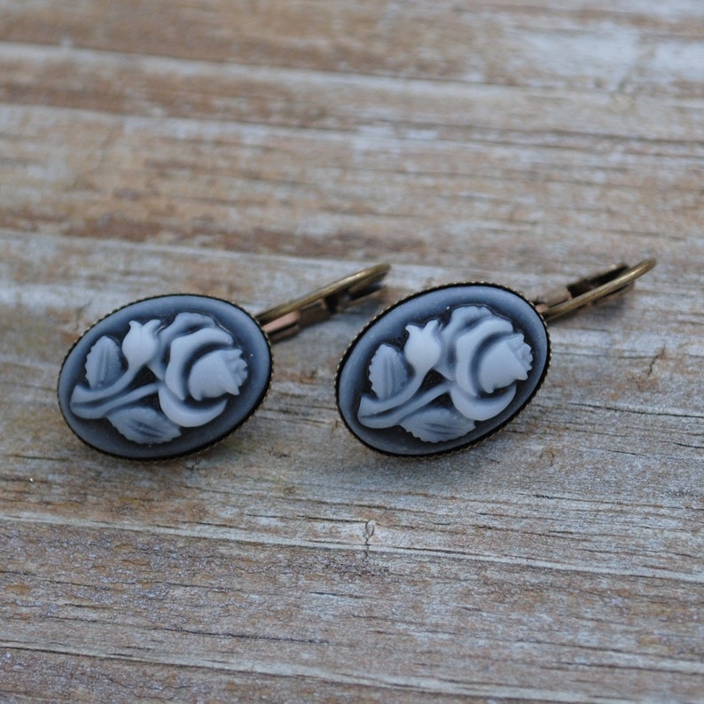 Vintage Style Shadow Gray and White Antique Brass Drop Dangle Earrings image 4