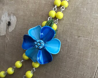 Vintage Enamel Flower Asymmetrical Necklace and OOAK- Wedding, Bridal, Bridesmaid Statement Piece