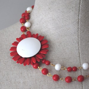 Rockabilly Vintage Enamel Flower Asymmetrical Necklace Red and White OOAK Wedding, Bridal, Bridesmaid Statement Piece image 1