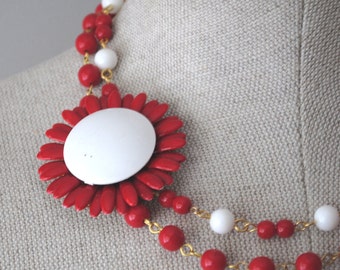 Rockabilly Vintage Enamel Flower Asymmetrical Necklace Red and White OOAK - Wedding, Bridal, Bridesmaid Statement Piece