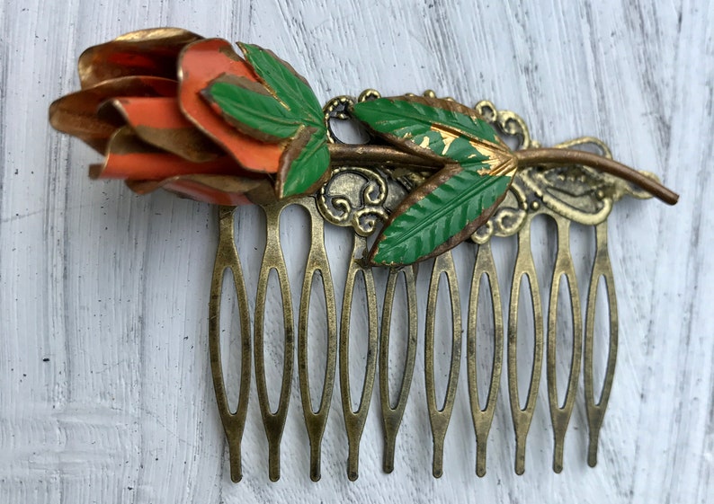 Vintage Orange Rose Spring Floral Collage Hair Comb OOAK image 5